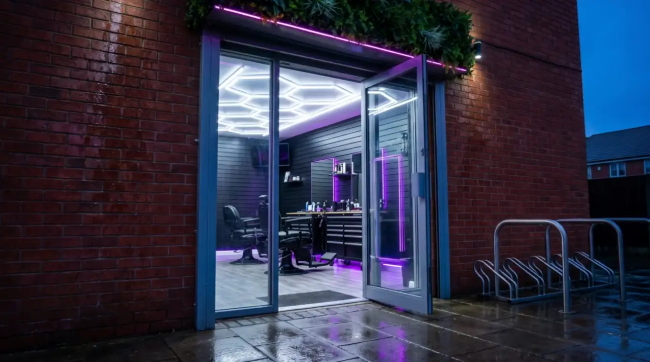The shop's open glass door in a brick wall at dusk, violet light and hexagon ceiling lights glowing inside